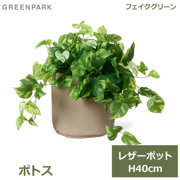 フェイクグリーン 観葉植物 フェイク 人工観葉植物 造花 植物 インテリア リアル おしゃれ ポトス レザーポット 本革 40cm ベージュ 葉 PRGR-1502BE GREENPARK 送料無料 ポット付き リビング 寝室 玄関 オフィス シンプル｜viewgarden ビューガーデン