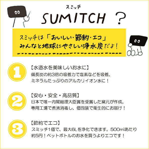 【エントリーでポイント5倍】浄水 炭 スミッチ 2ヶ月分 岩手県産 日本 国産 水道水 浄化 浄水器 水 煮沸 安心 安全 エコ ミネラル ナラ切炭 1箱 2個入 簡単 入れるだけ すみっち SUMITCH 送料無料 ラッピング対応 整水器 自然 天然 環境 保護