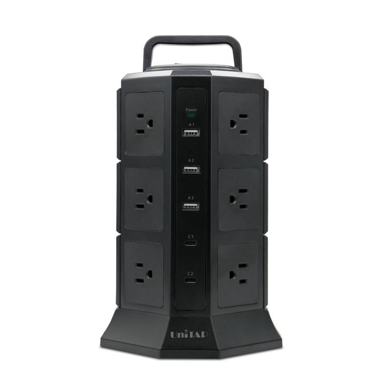 プリンストン大学 ワット数水道栓 高閣型 AC 12個口 USB 5個口 USB-C(PD3.0)×2 USB-A×3 備品最大限度足し加える最終生産物1500W USB最大限度足し加える最終生産物65W 黒いこと PPS-PD65TW
