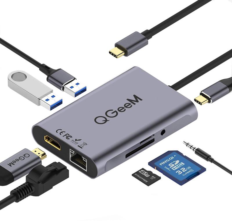 USB C ハブ,QGeeM 8 in 1 USB TypeC HDMIドッキングステーション,lanポート イーサネット1G, 3.5mm AUX,SDカードリーダー, MacBook 2018/Ipad Pro/XPS13/Galaxy S10などに