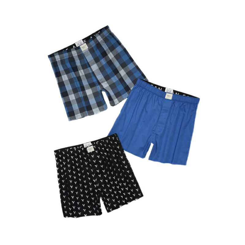 アメリカンイーグル AMERICAN EAGLE メンズ Men's トランクス 下着 3枚セット AEO Stretch Boxer Short 3-Pack ブルー ブラック チェック