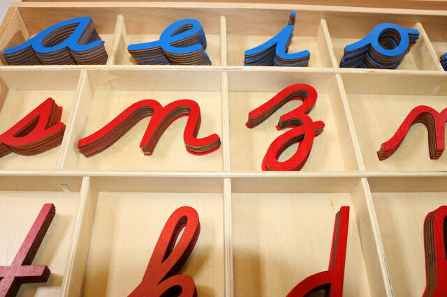 モンテッソーリ　切り抜きアルファベット 筆記体　ブルー&レッド　♪大、箱付き♪　Montessori Movable Alphabet Lowercase 知育玩具｜バイオリンJP