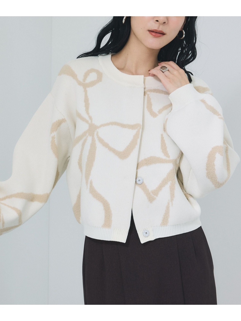 リボンモチーフジャガードカーディガン/イージーケア VIS ビス トップス カーディガン ベージュ グレー【送料無料】[ Fashion]