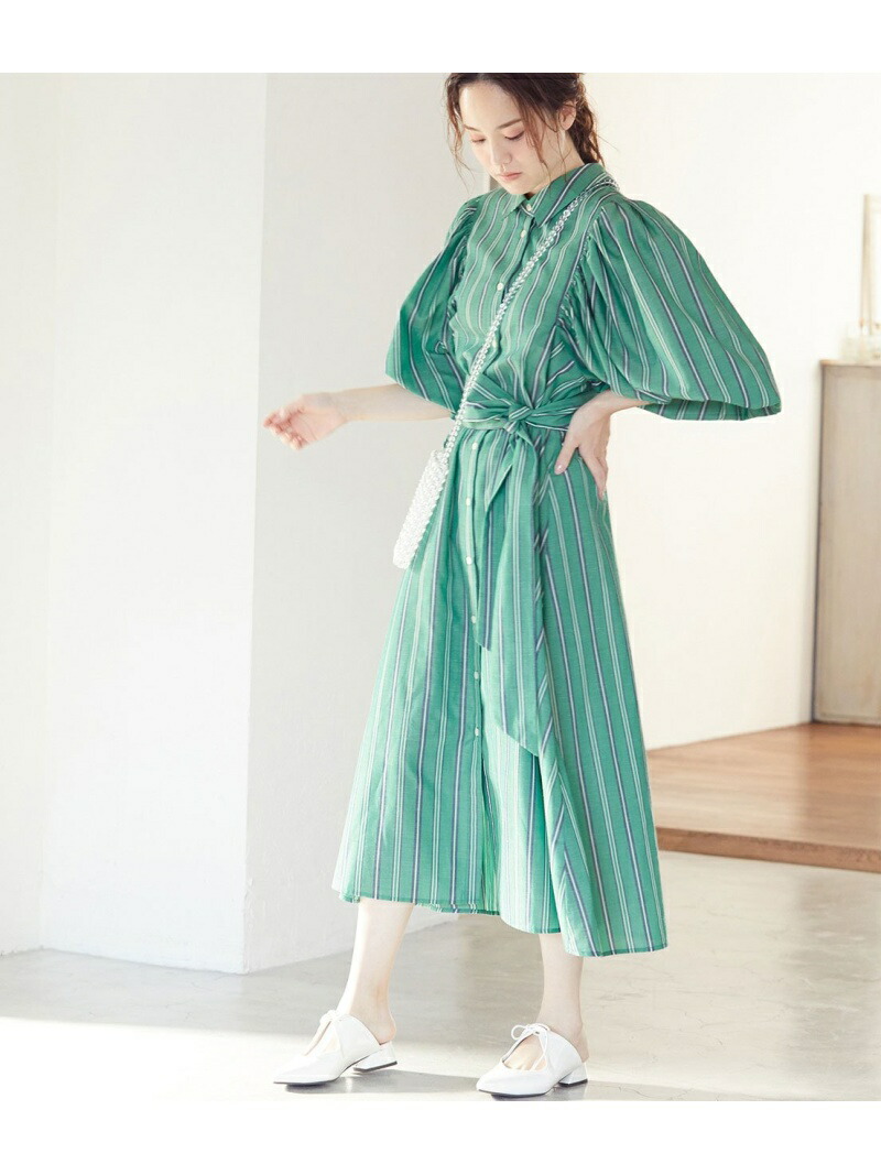 楽天市場 Rakuten Fashion Sale 60 Off ストライプボリュームスリーブワンピース Vis ビス ワンピース ワンピースその他 グリーン ベージュ Rba E Vis ビス