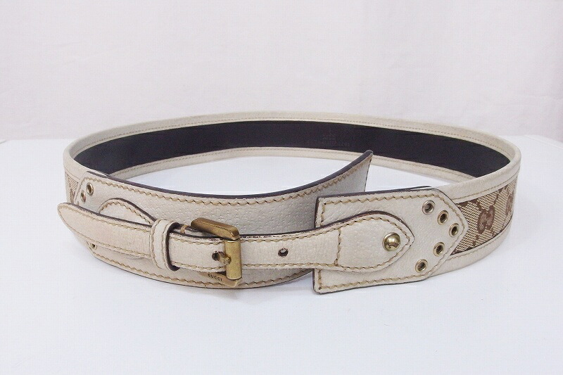 【中古】GUCCI グッチ GG柄　キャンバス&times;レザー　ベルト 80・32 144195 アイボリー nm4604201412｜BRAND VISION ブランドビジョン