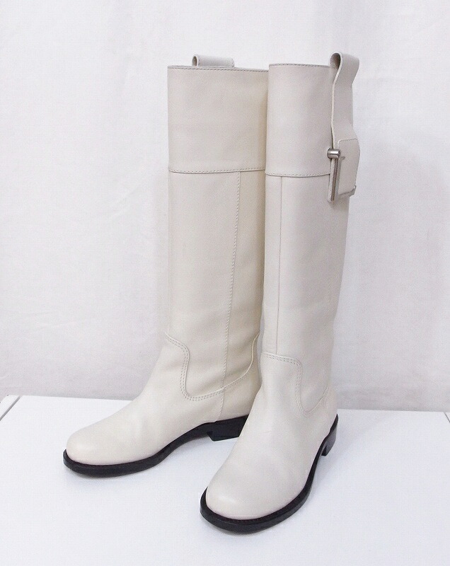 【中古】LOEWE ロエベ  ロングブーツ 木目細か L金具ロゴタイプ  36 象牙色 航空マイル4606201500