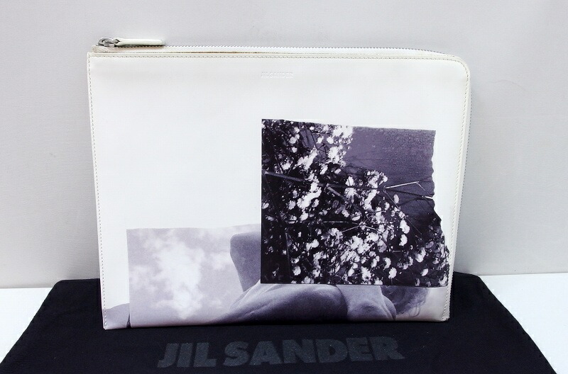 【中古】JIL SANDER ジルサンダー レザー クラッチバッグ ポーチ プリント柄 ホワイト kz5022228511