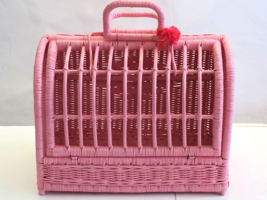 【中古】 犬猫 小動物用 ラタン製ペットキャリー　ケース W39cm ピンク kz5024229076