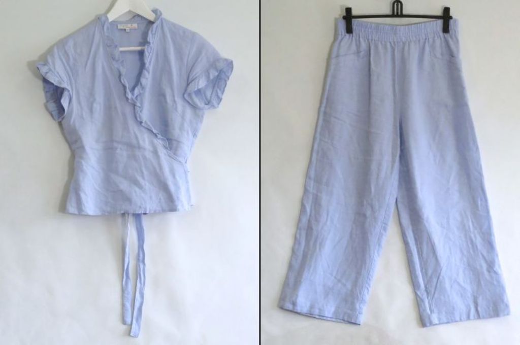 【中古】agnes b アニエスベー  リネン セットアップ カシュクールフリルブラウス×広々としたズボン下 L755UAF9 ともし火青み kz5210232445