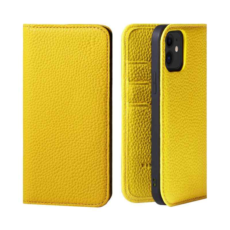 HANATORA for iPhone 12 12Pro ケース 手帳型 本革 スマホケース スマホ スタンド コードホルダー 付き シュリンクカーフレザー マグネットなし イエロー PH-12Pro-Yellow ギフト 誕生日 女性 男性 彼女
