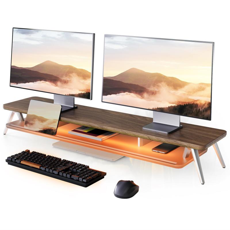 Fenge モニター台 卓上 パソコン台 デスクシェルフ pc台 机上台 幅108cm 2段 RGBテープライト付き アルミ製脚 アクリル板 モニタースタンド モニタースタンド パソコンスタンド 卓上収納 整理整