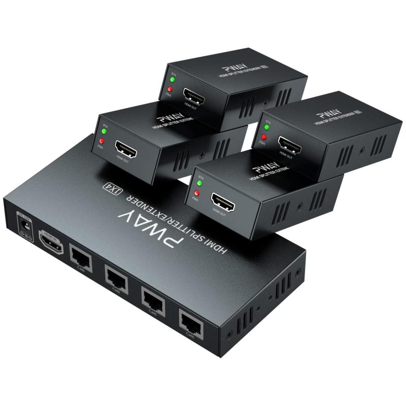 PW-HT226P4 1X4 1080P HDMIエクステンダースプリッター伝送165フィート(50m)By Cat5e / Cat6 / Cat7 3D EDID 1電源サポート(1 IN 4 OUT)|ビジョンストア
