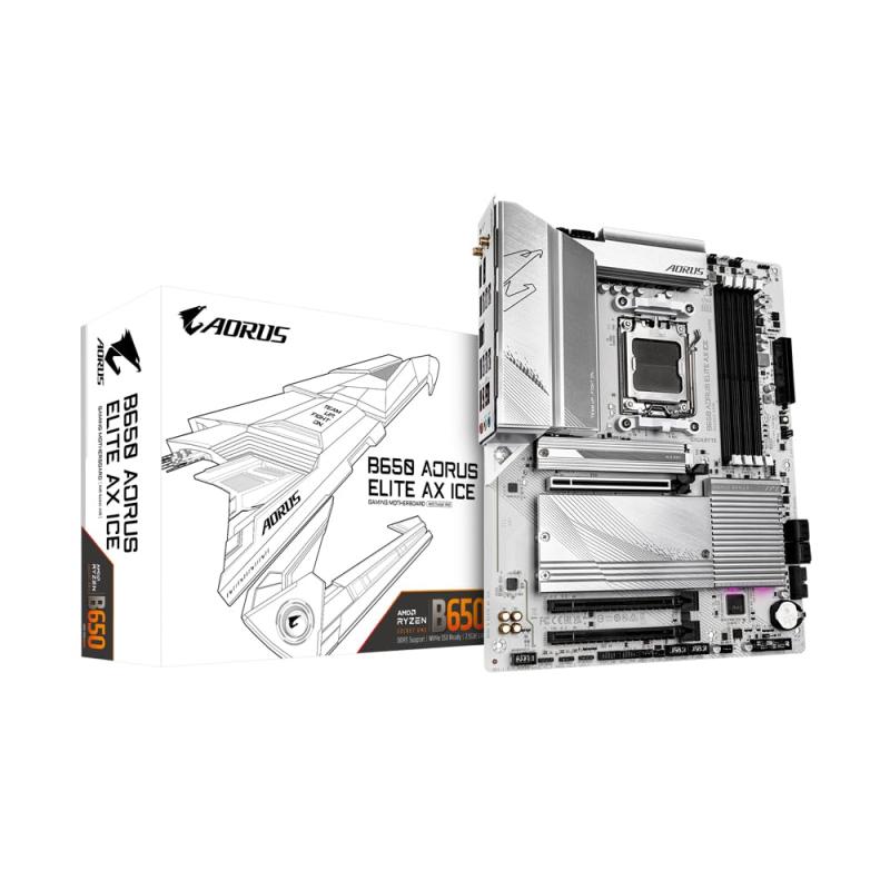 Gigabyte B650 AORUS ELITE AX ICE AMD AM5ソケットマザーボード、ATX、DDR5スロット4つ、M.2ソケット3つ、USB-Cポート2つ、フィットI/Oシールド、2.5GbE LAN、Wi-Fi 6E、ディスプレイポー