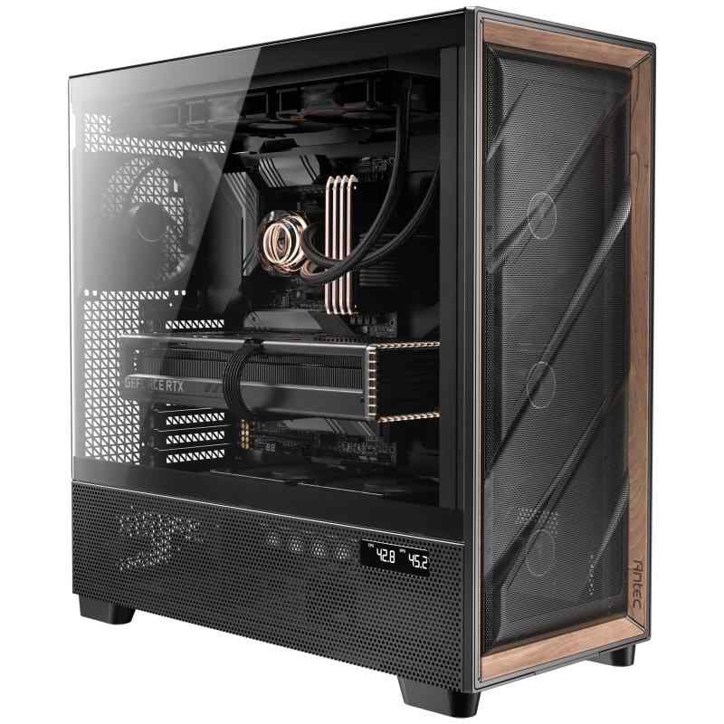Antec Flux Pro、PWMファン6個付属、高風量フロントパネル、ウォールナット材。