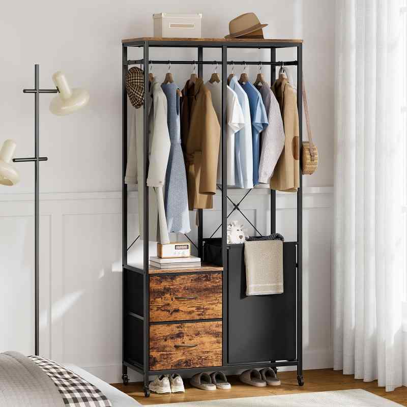 Naotico ハンガーラック ランドリーバスケット 引き出し付き 洋服掛け 多機能 収納付き ランドリーワゴン スリム コート掛け 洋服収納 キャスター 棚付き 洋服ラック 洗濯かご おしゃれ チェ