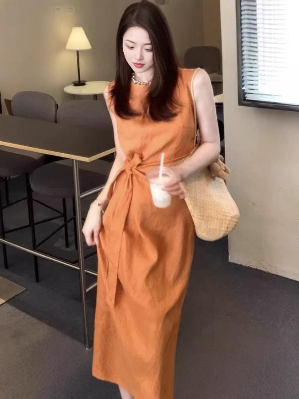 ワンピース レディース ロング丈 マキシ丈 無地 ノースリーブ リネン 麻 チュニック ドレス Aライン ウエストマーク ウエストリボン クリームオレンジ カジュアル フェミニン ナチュラル 春夏 お呼ばれ デート 普段使い 通学 通勤|ビジョンストア