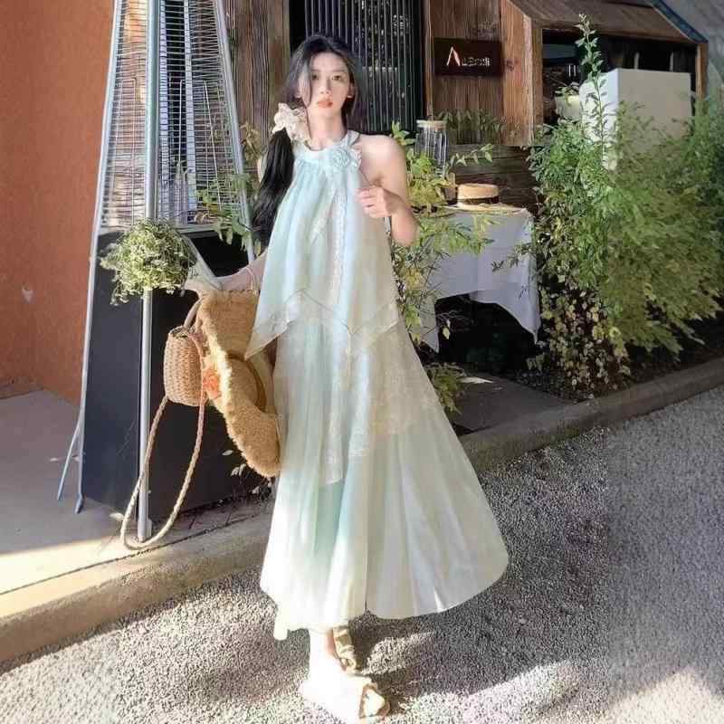 ワンピース レディース 春夏 ホルターネック ロング マキシ丈 ノースリーブ バックオープン バックシャン ミントグリーン Aライン フレア ハイウエスト スリム リゾート 旅行 ビーチ 海 デート フェミニン エレガント(x3)|ビジョンストア