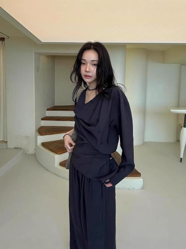シャツ レディース 春夏 チュニック トップス 襟付き ボタン 無地 ルーズ ゆったり 長袖 カシュクール 変形 2way 3way ドレープ シンプル カジュアル 上品 きれいめ とろみ 素材 大人 オフィスカジュアル 通学 普段着 通勤|ビジョンストア