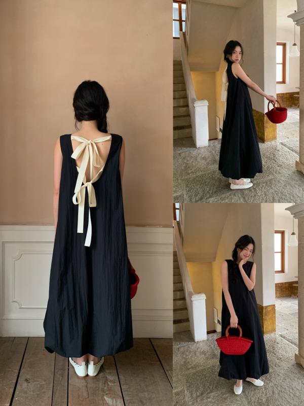 ワンピース レディース 春夏 サマードレス ノースリーブ バックリボン バックオープン 丸首 クルーネック フレア Aライン ロング マキシ丈 韓国風 かわいい フェミニン 体型カバー 華奢見え 脚長効果 デート リゾート お呼ばれ|ビジョンストア