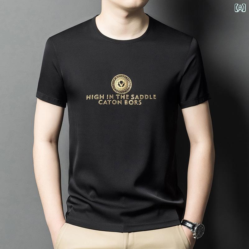 Tシャツ メンズ 男性用 半袖 カットソー トップス 接触冷感 シルク 桑蚕? 丸首 クルーネック プルオーバー プリント 薄手 伸縮性 ストレッチ 涼しい 吸汗 速乾 カジュアル ビジネス 通勤 通学 普段使い 日常｜ビジョンストア