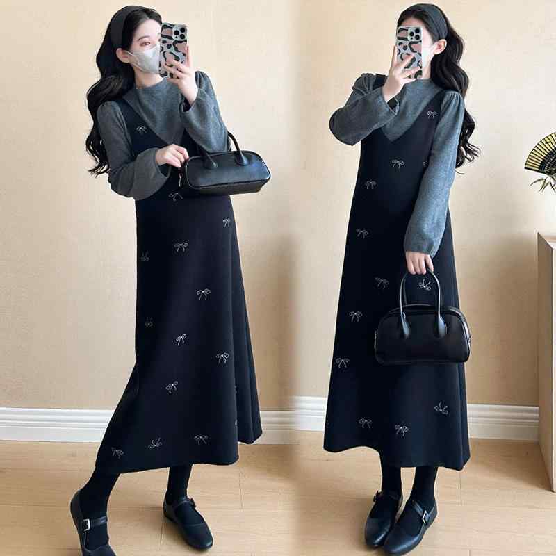 ワンピース マタニティウェア レディース 妊婦服 秋冬 長袖 ジャンパースカート サロペットスカート Vネック 刺繍 切り替え パフスリーブ トップス プルオーバー Aライン ミモレ丈 スリム 着痩せ 体型カバー 伸縮性 カジュアル ゆったり 産前 産後|ビジョンストア