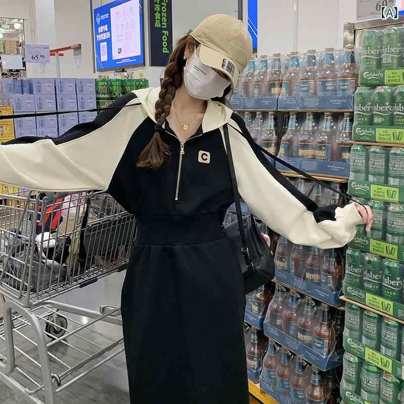 ワンピース レディース フード付き フーディー スウェットワンピース 長袖 ロング マキシ丈 膝下 コントラストカラー バイカラー 切替 切り替え スリット ブラック 黒 韓国風 カジュアル 着痩せ スタイルアップ 体型カバー 秋 秋冬｜ビジョンストア