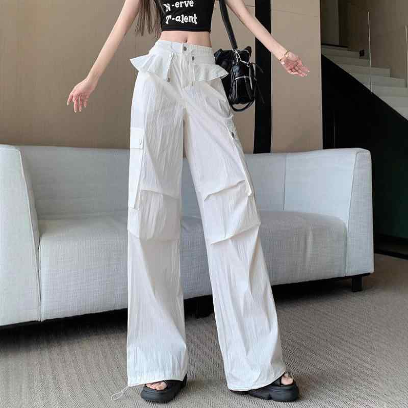 カーゴパンツ レディース 春夏 ワークパンツ ボトムス ロングパンツ 白 快適 高腰 ハイウエスト 自由 緩い 闊脚パンツ ワイドパンツ ・尽地パンツ ロング丈 潮流 カジュアル トレンド 普段使い デイリーユース 伸縮性 軽量 通気性｜ビジョンストア