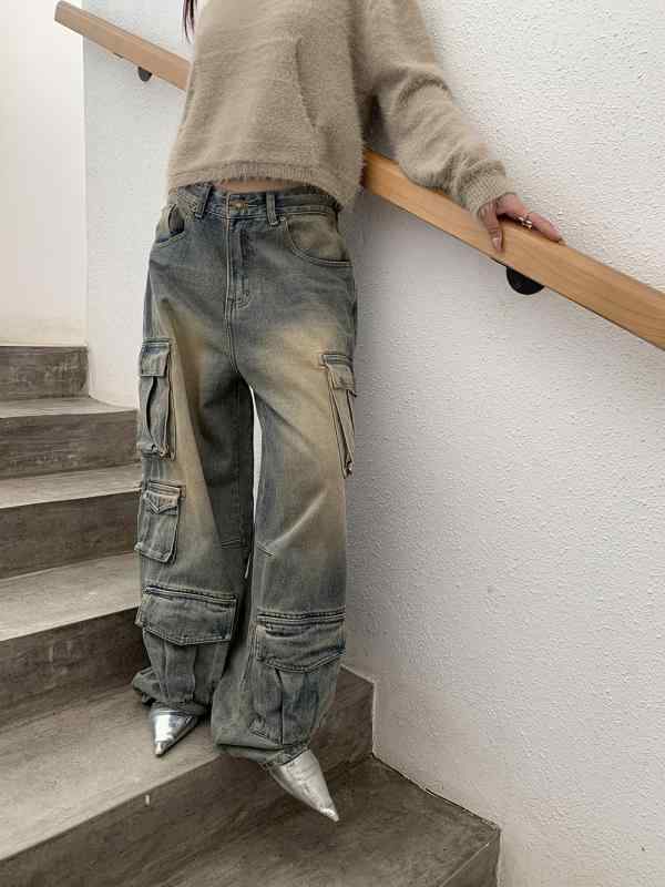 ワークパンツ レディース ジーパン ジーンズ デニムパンツ ロングパンツ ズボン カーゴパンツ 切り替え ポケット ワイドパンツ ボトムス ルーズ ゆったり ラフ カジュアル ストリート ファッション 個性的 秋 秋冬｜ビジョンストア