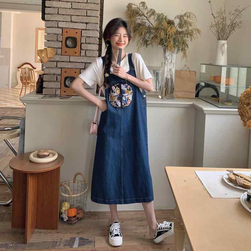 ジャンパースカート レディース サロペットスカート デニム ワンピース サロペット 2点セット セットアップ 刺繍 チャイナ風 学院風 レトロ カジュアル 膝丈 ミディアム丈 半袖 Tシャツ トップス 春秋 体型カバー 通学 通勤｜ビジョンストア 7,923円