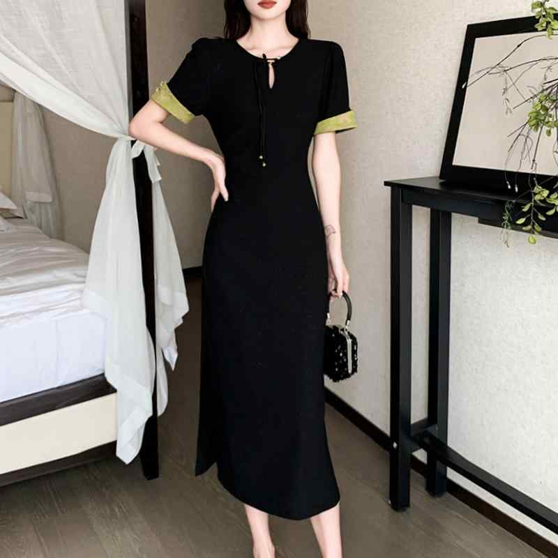 ワンピース レディース 春夏 半袖 チャイナドレス スリット 膝丈 ミモレ丈 ロングワンピース 小黒裙 ブラック レトロ調 カジュアル フェミニン おしゃれ きれいめ スタイリッシュ｜ビジョンストア