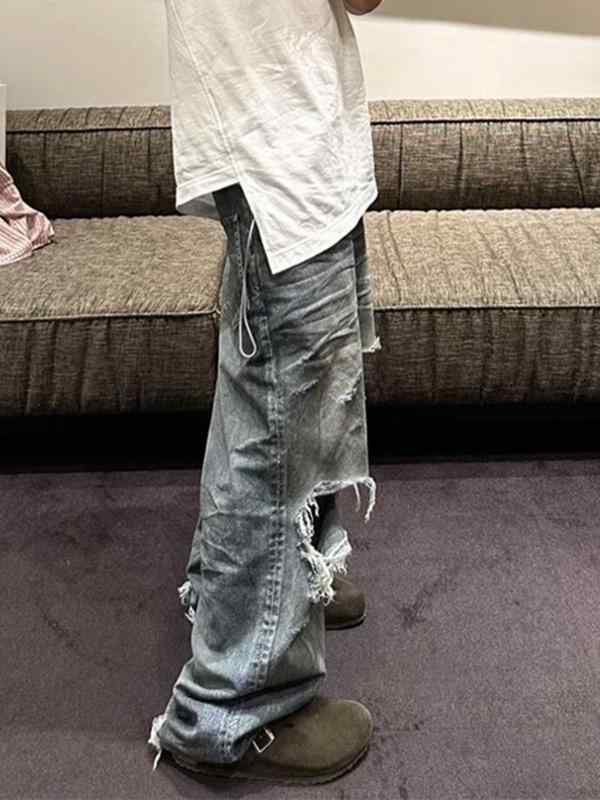 ジーンズ メンズ レディース デニム パンツ ジーパン 長ズボン ダメージ クラッシュ 破れ 穴あき 切り裂き加工 ボトムス 水洗 ヴィンテージ風 ユーズド加工 シワ加工 レトロ カジュアル オールシーズン｜ビジョンストア