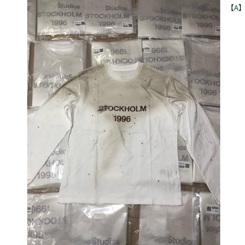 Tシャツ カットソー トップス メンズ レディース ユニセックス 長袖 クルーネック 丸首 ウォッシュ加工 ヴィンテージ風 古着風 英字 ロゴ プリント ラインストーン ルーズ ゆったり オーバーサイズ カジュアル ストリート 春秋|ビジョンストア