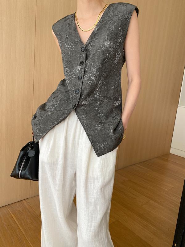 ベスト レディース Vネック 亜麻 再生繊維 ジャカード ノースリーブ 馬甲 ヴィンテージ風 クラシック シンプル カジュアル トップス 春夏｜ビジョンストア