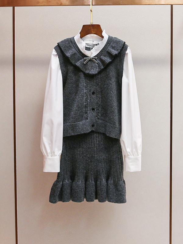 セットアップ レディース 秋冬 ニット プリーツスカート フェイクレイヤード 学院風 レトロ グレー系|ビジョンストア