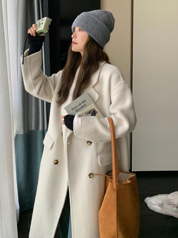 コート レディース ウールコート 手縫い ハンドメイド ダブルフェイス ミドル丈 ストレートシルエット ボタン ゆったり 大きいサイズ 秋冬｜ビジョンストア 9,839円