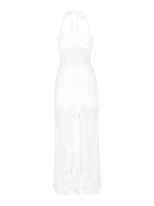 ワンピース レディース ドレス ロング丈 ホルターネック レース 透け感 ギャザー 背中見せ ヒップライン タイト セクシー リゾート｜ビジョンストア