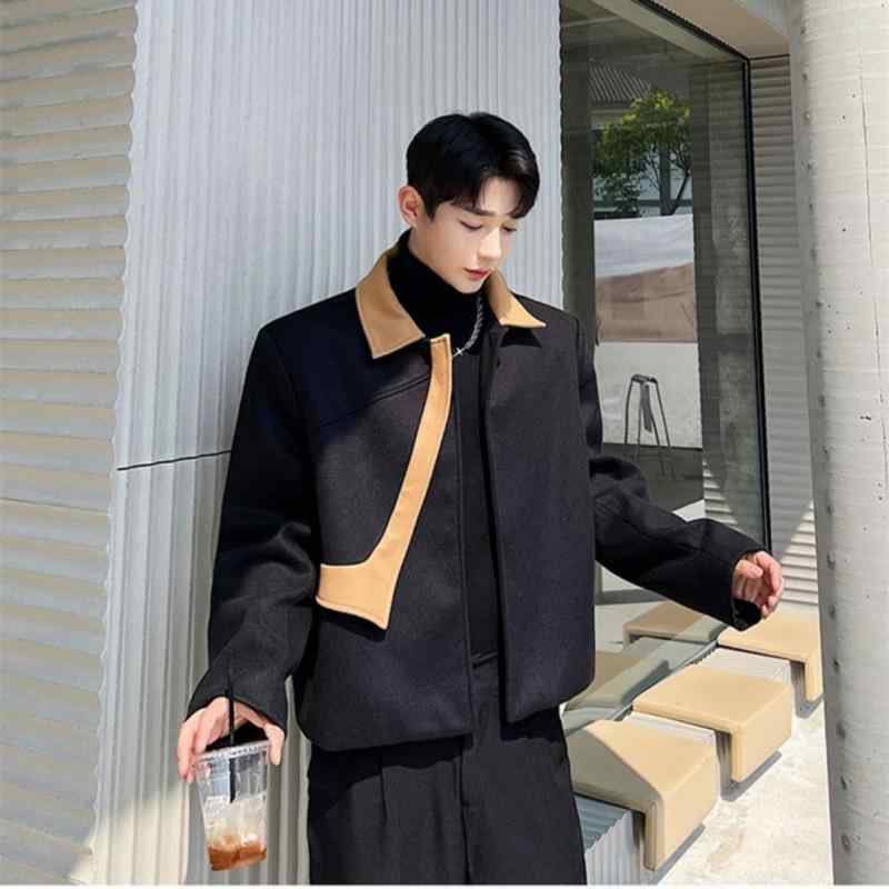 ジャケット メンズ ブルゾン 厚手 ウール混 スタンドカラー 配色切り替え ショート丈 防寒 冬用 韓国風 オーバーサイズ ゆったり カジュアル|ビジョンストア