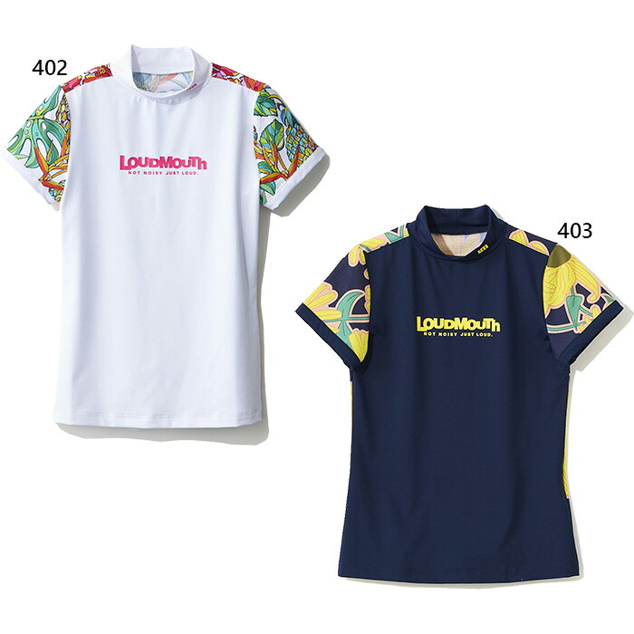 ラウドマウス レディース ECO防透スムース 柄モックネックシャツ ゴルフウェア トップス 半袖 ホワイト 白 ネイビー 送料無料 LOUDMOUTH 764655