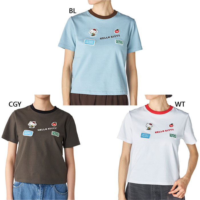オーシャンパシフィック レディース Ocean Pacific×ハローキティ ワッペンリンガーチビTシャツ 半袖Tシャツ トップス カジュアルウェア ホワイト 白 グレー ブルー 青 灰色 送料無料 Ocean Pacific OP 526528