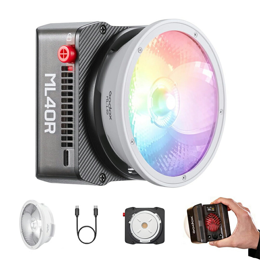 Godox ML40R COB LED映画化点火装置 40W RGB 1800K-10000K色気温 CRI95 TLCI95 パウダーコンパクト 軽さ化 適用業務抑えつける能力のある ±100%G/M手を加える 磁石心積もり Godoxマウント ライブ送達、Vlog映画化、映像映画化などに当て嵌める