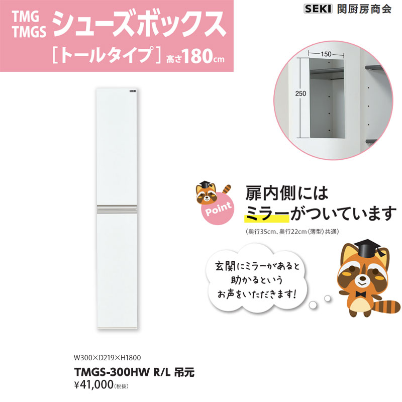 シューズボックス ミラー付 薄型 奥行22cm 高さ180cm 幅30cm ホワイト TMGS-300HW 関厨房商会 送料無料