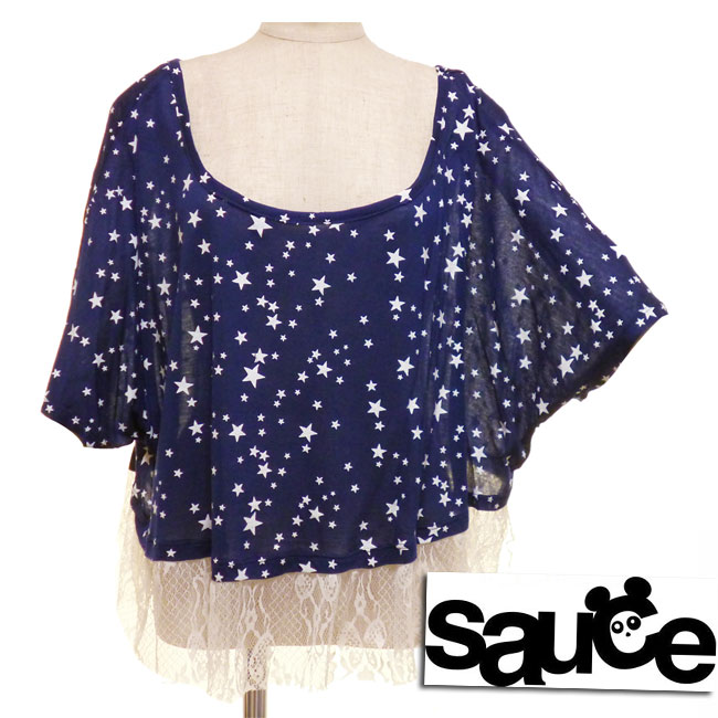 超特価激安 Tシャツ カットソー Laセレブ愛用ブランド Sauceソース ショート丈トップス揺れるシルエットが綺麗 レース 星柄カットソー インポート スター ネイビー 紺 ポンチョ風tシャツ オフショルダーtシャツ レディース 春 夏 秋 かわいい おしゃれ Www Dgb Gov Bf