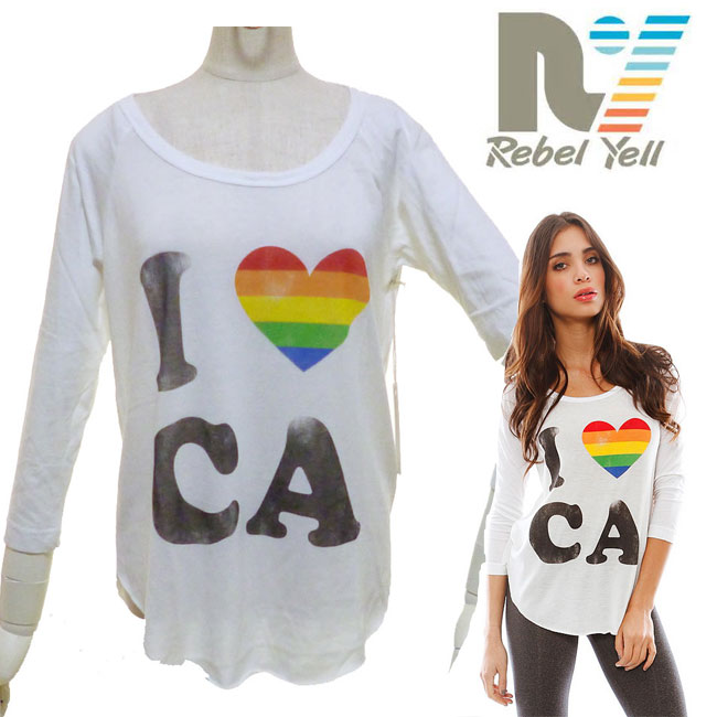 LAセレブ愛用 Rebel yell レベルイェール レインボー ハート ロゴ ヴィンテージ ウォッシュ ベースボール Tシャツ　ジャージー ラグラン Tシャツ ホワイト 7分袖 Tシャツ レディース 春 秋 冬 おしゃれ かわいい かっこいい