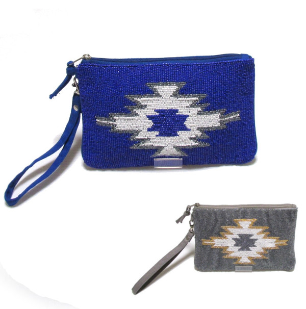 swarajスワラージ　ビーズ刺繍のオルテガ柄♪クラッチバッグ　ポーチ　カジュアル　おしゃれ　かわいい　ブルー　グレー　8243233　8243220