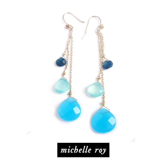 LAセレブ 愛用 ブランド Michelle roy ミッシェル・ロイ ジェード ドロップ ピアス ブルー 天然石 kitson セミプレシャスストーン ロング きれい リゾート ボリュームピアス フックタイプ｜ｖｉｖｉｄ-ｖｉｖｉｄ