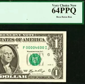 2006 年 $1 連邦準備銀行券 PCGS 64PPQ バースデー ロー シリアル番号 00004600
