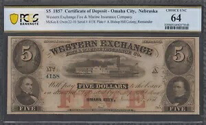 寄託証書 - ネブラスカ州オマハ 1857 5$ PCGS 64 UNC