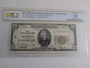 1929 年 20 ドル サンフランシスコ連邦準備銀行券 PCGS 35
