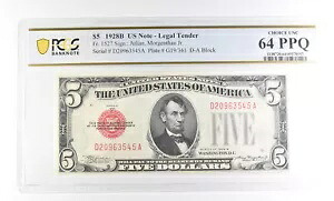 1928 B $5 米国法定通貨 Fr#1527 Choice Unc 64 PPQ PCGS *2383
