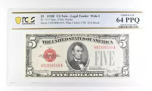 1928 F $5 米国法定通貨ワイド I Fr#1531 Choice Unc 64 PPQ PCGS *2372
